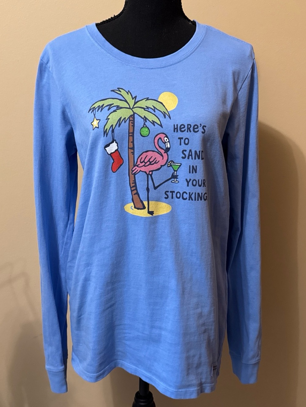 Life Is Good Light Blue Long-Sleeve Tee with Flamingo & Palm Holiday Graphic